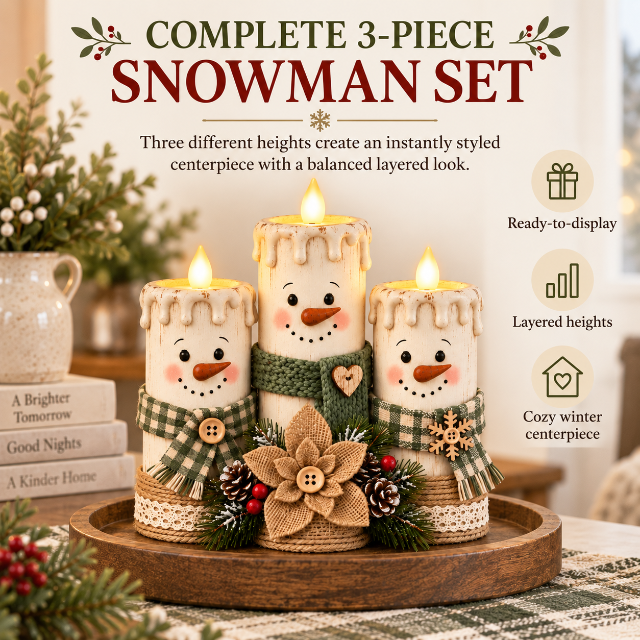 Lighted Snowman Candle Decor Set