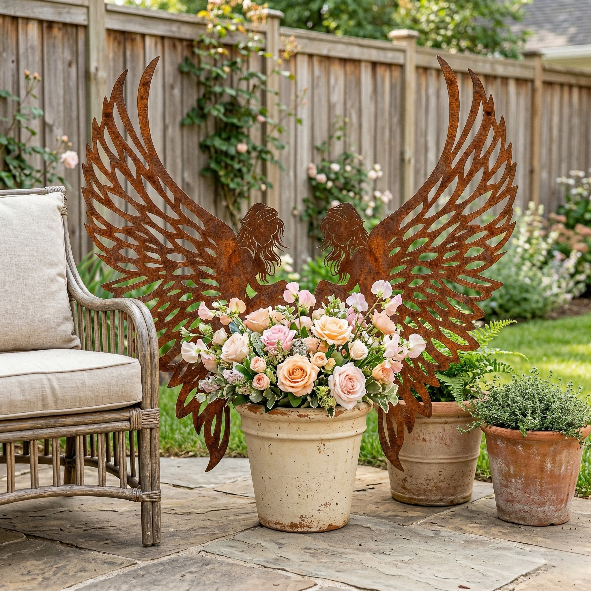 Distressed Rust Metal Angel Wing Planter Accent Pair