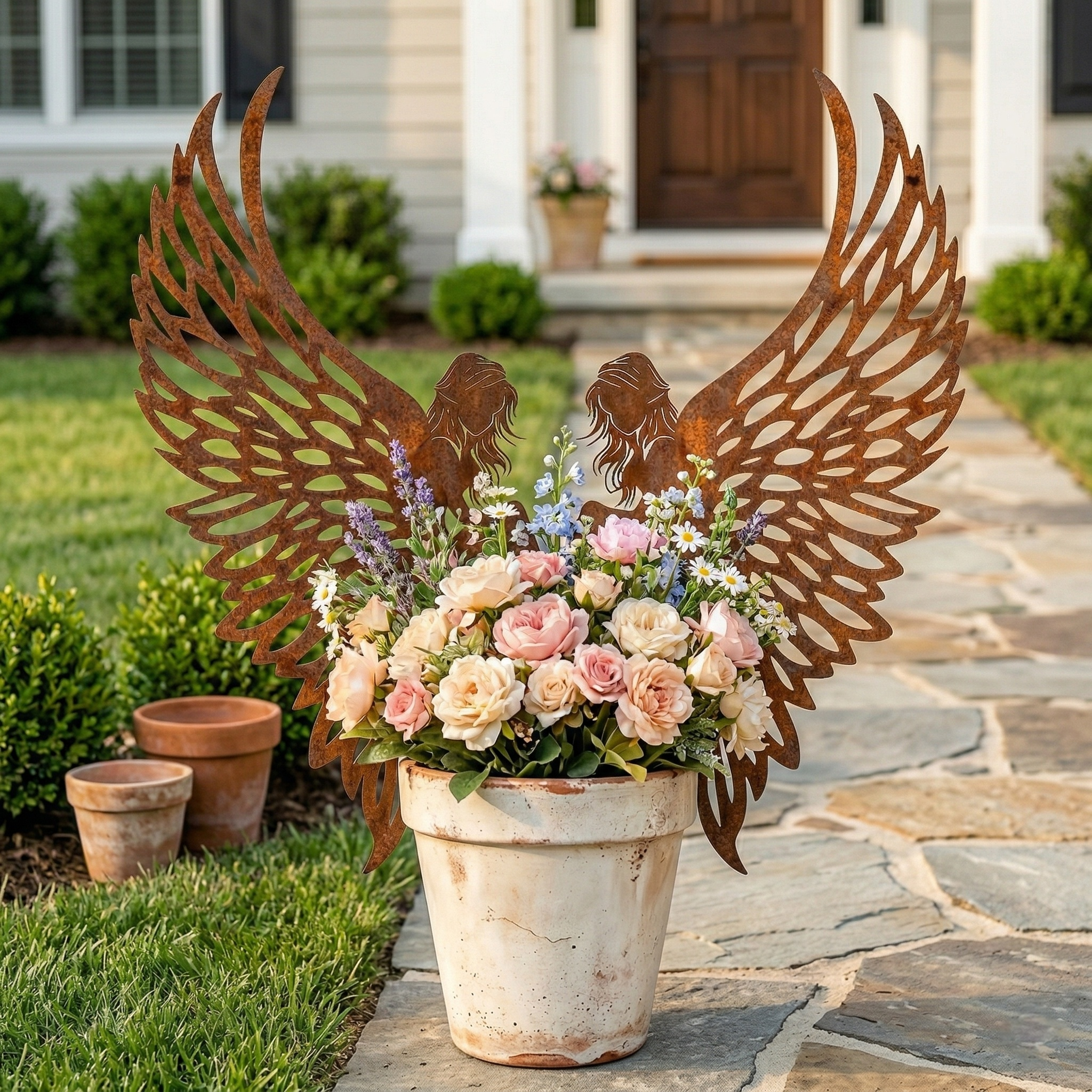Distressed Rust Metal Angel Wing Planter Accent Pair