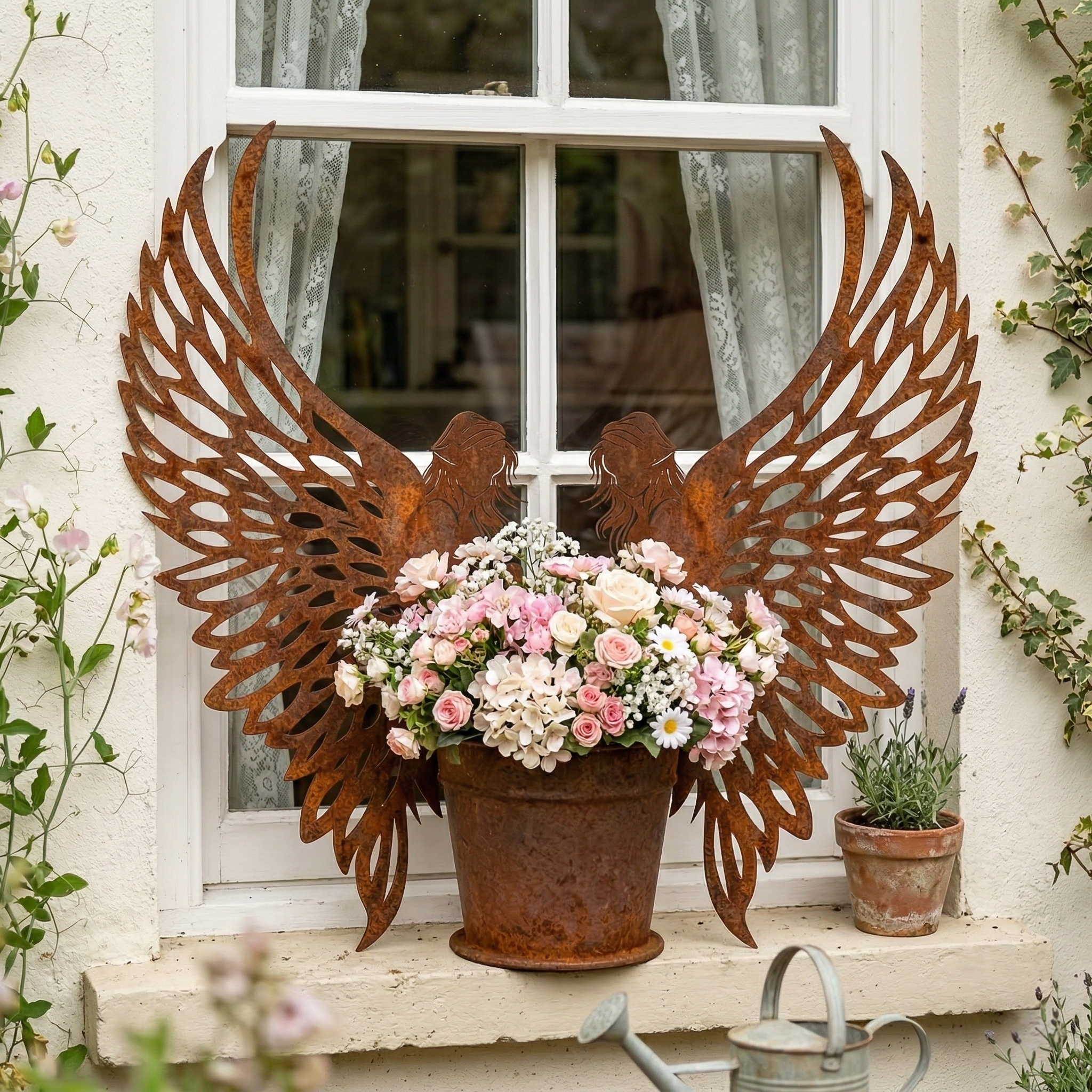 Distressed Rust Metal Angel Wing Planter Accent Pair
