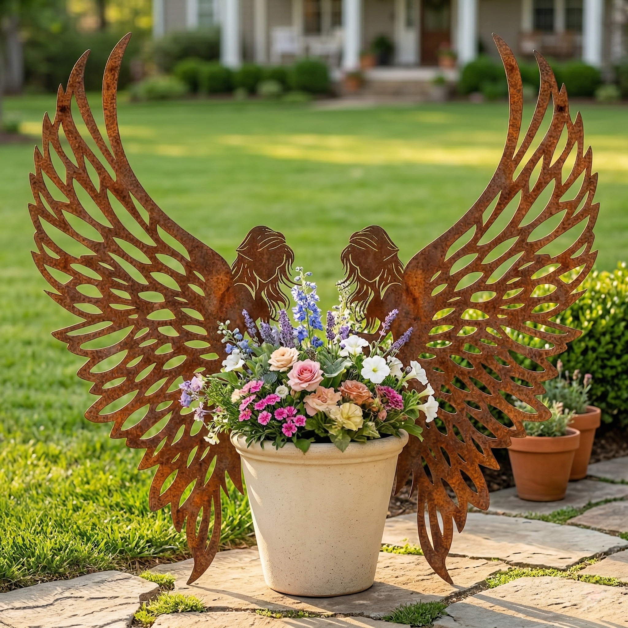 Distressed Rust Metal Angel Wing Planter Accent Pair