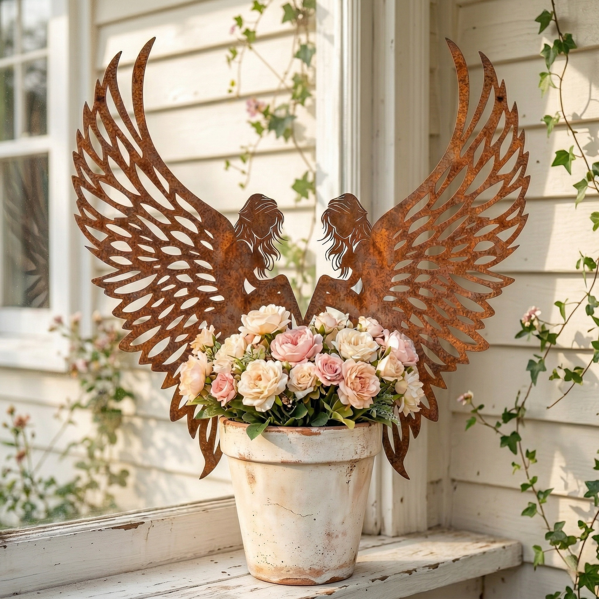 Distressed Rust Metal Angel Wing Planter Accent Pair