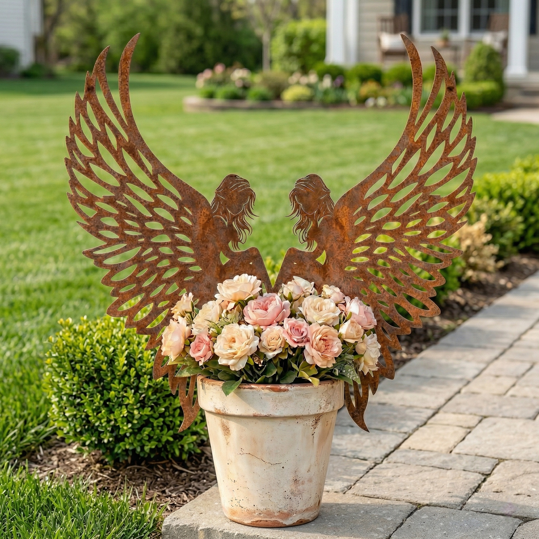 Distressed Rust Metal Angel Wing Planter Accent Pair