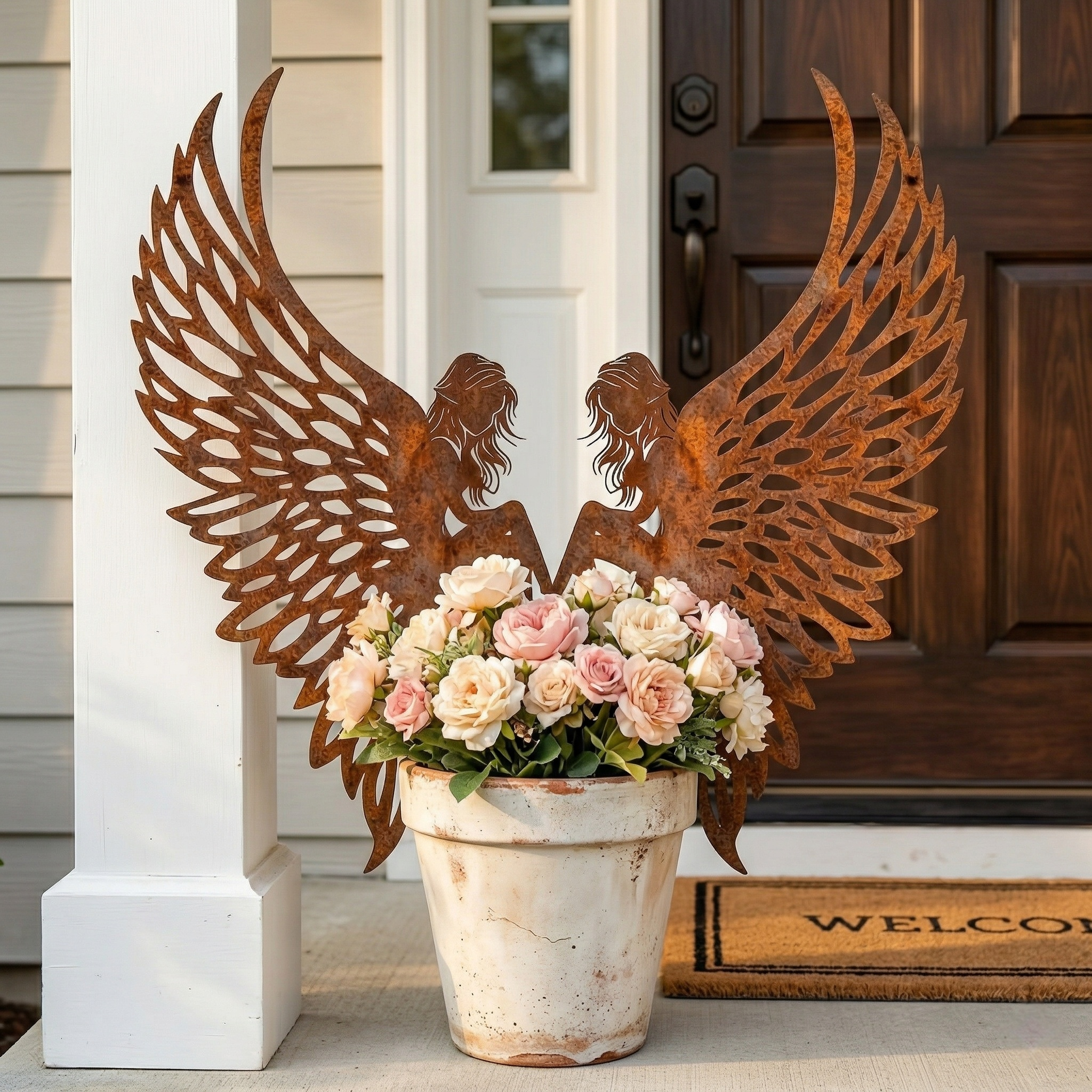 Distressed Rust Metal Angel Wing Planter Accent Pair