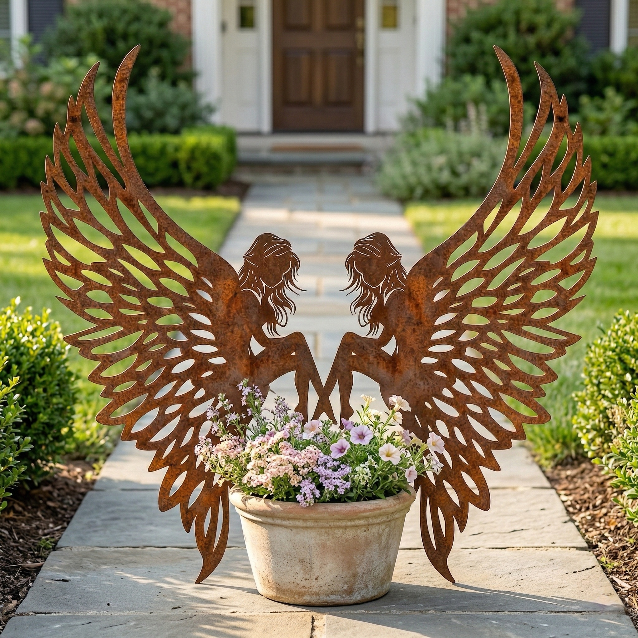 Distressed Rust Metal Angel Wing Planter Accent Pair