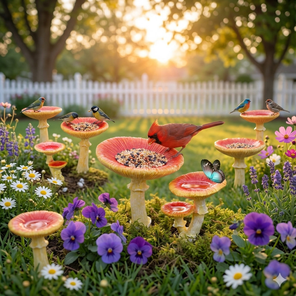 Whimsical Mushroom Bird Feeder for Garden Décor
