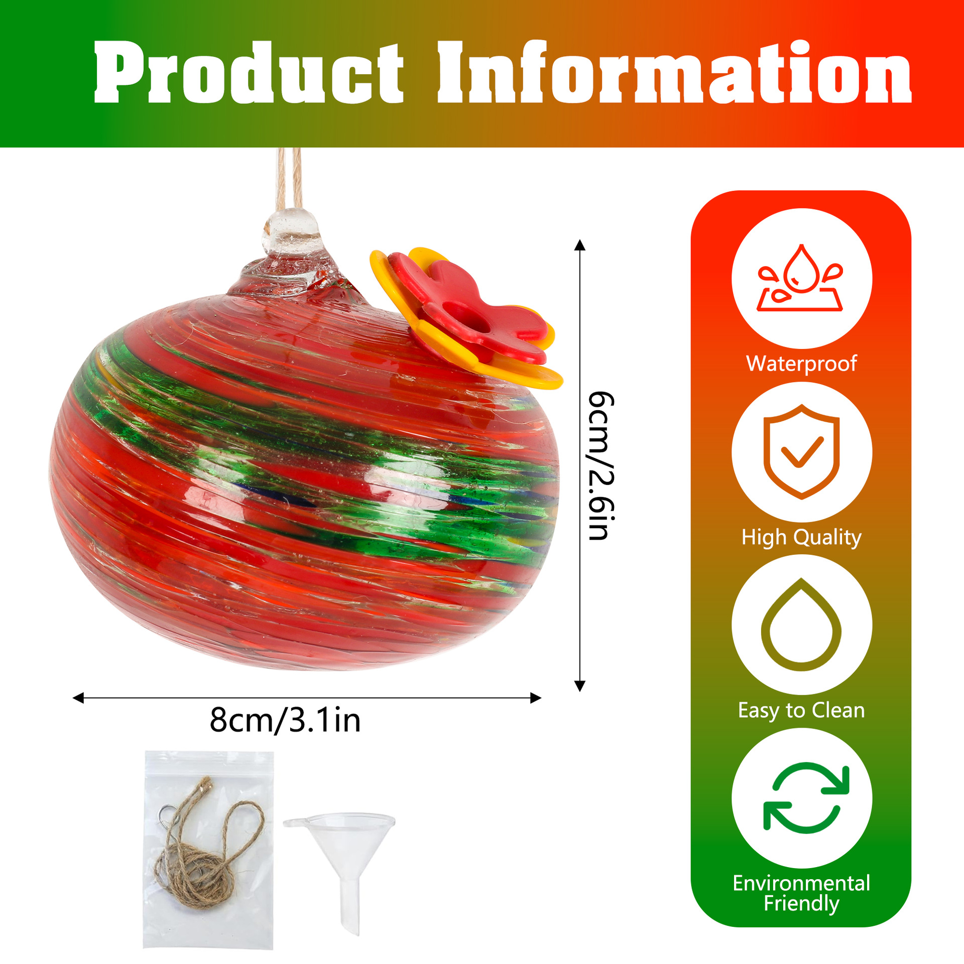 Hand Blown Glass Hummingbird Feeder for Outdoor Hanging
