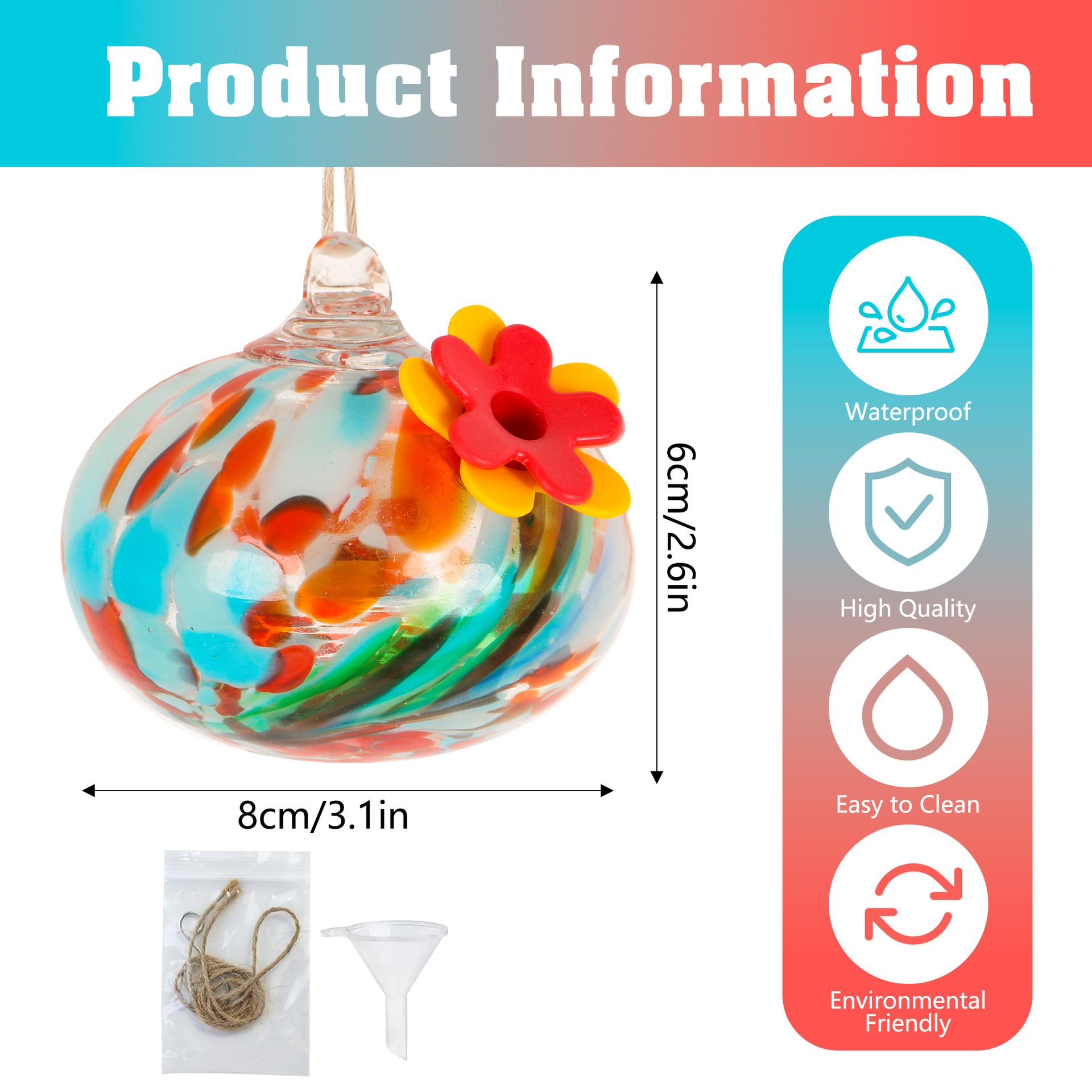 Hand Blown Glass Hummingbird Feeder for Outdoor Hanging