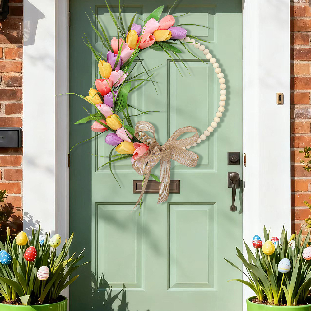 Spring Wood Bead Tulip Greenery Half Wreath with Burlap Bow