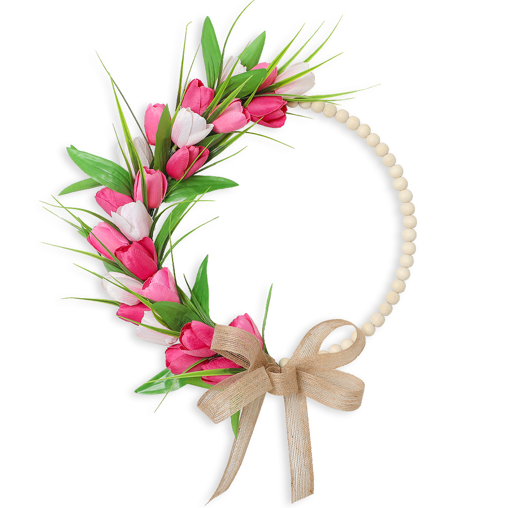 Spring Wood Bead Tulip Greenery Half Wreath with Burlap Bow
