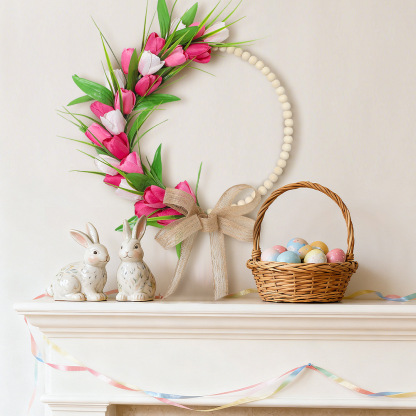 Spring Wood Bead Tulip Greenery Half Wreath with Burlap Bow