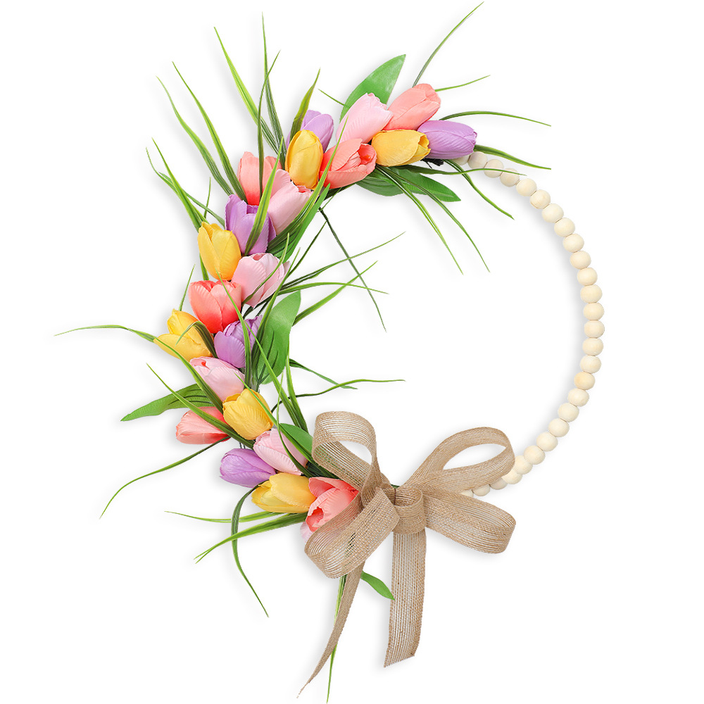 Spring Wood Bead Tulip Greenery Half Wreath with Burlap Bow