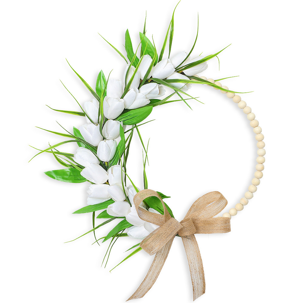 Spring Wood Bead Tulip Greenery Half Wreath with Burlap Bow