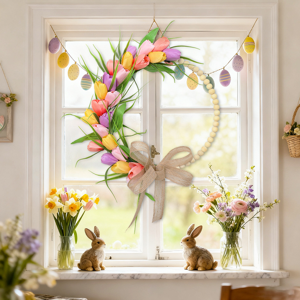 Spring Wood Bead Tulip Greenery Half Wreath with Burlap Bow