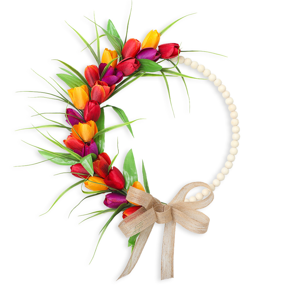 Spring Wood Bead Tulip Greenery Half Wreath with Burlap Bow