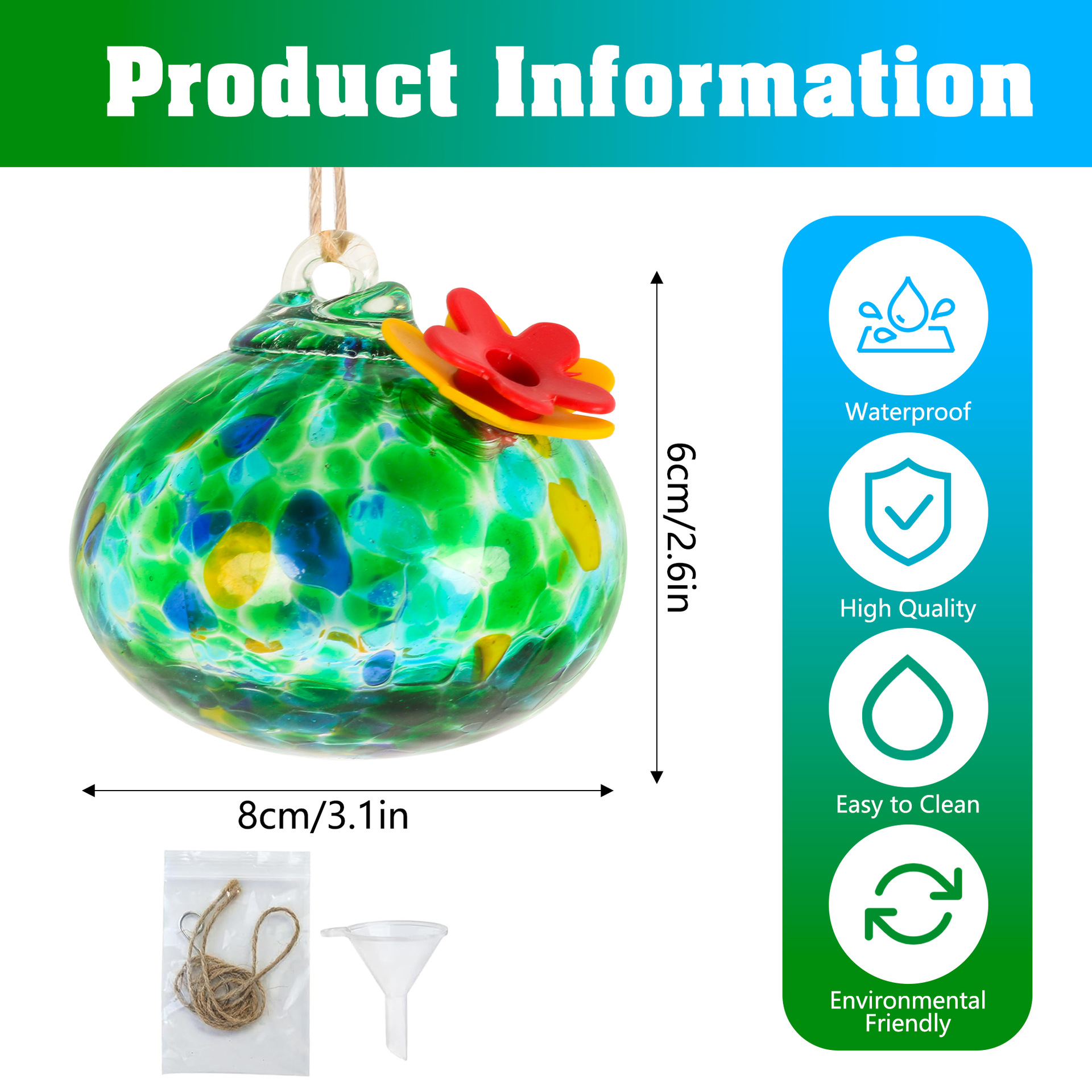 Hand Blown Glass Hummingbird Feeder for Outdoor Hanging