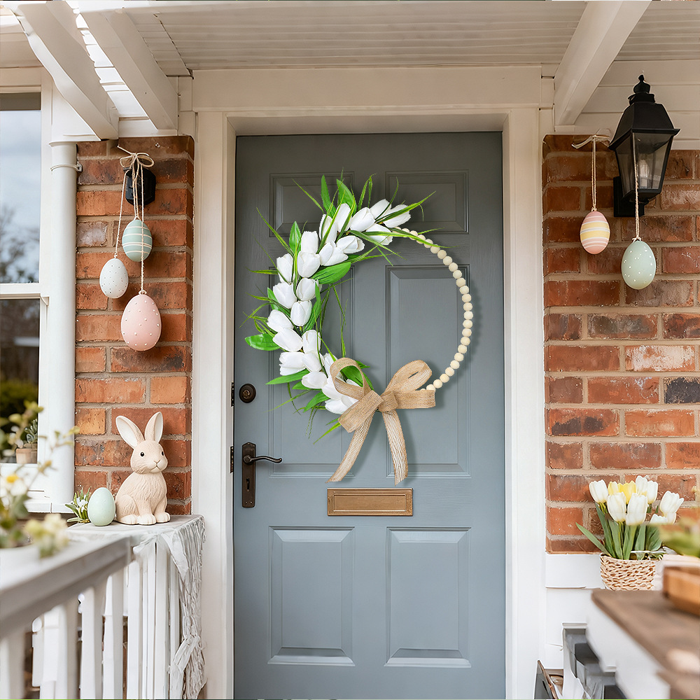 Spring Wood Bead Tulip Greenery Half Wreath with Burlap Bow