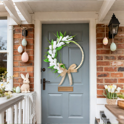 Spring Wood Bead Tulip Greenery Half Wreath with Burlap Bow