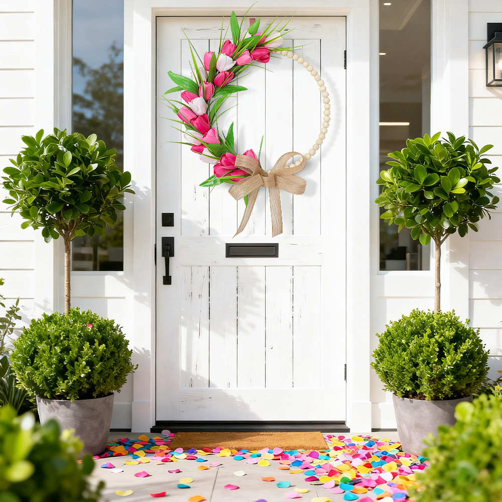 Spring Wood Bead Tulip Greenery Half Wreath with Burlap Bow