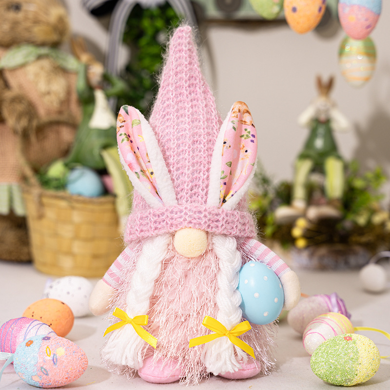 Spring Bunny Gnome Plush Figurines with Knit Hats