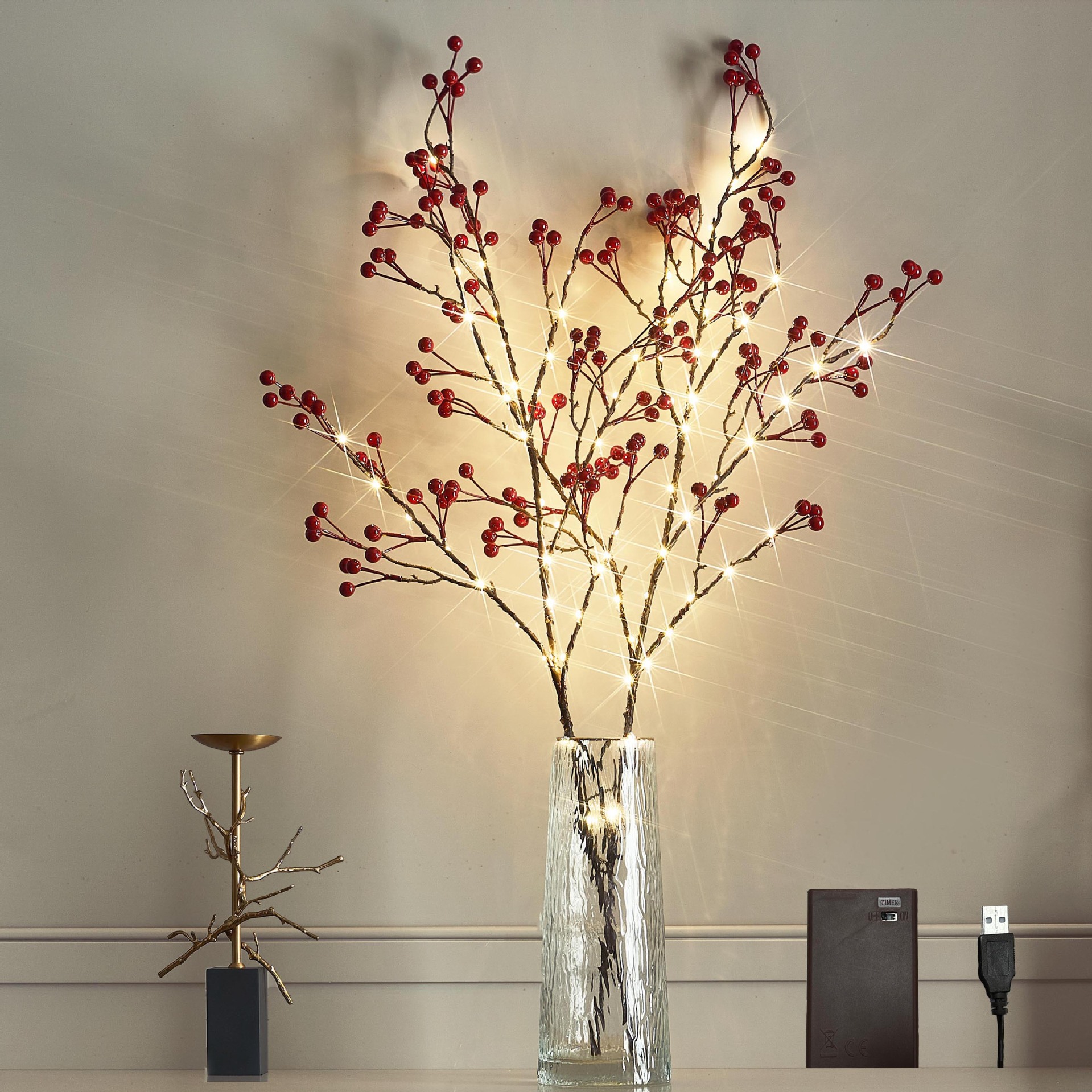  32IN Lighted Red Berry Branches 80 LED Fairy Lights with Timer