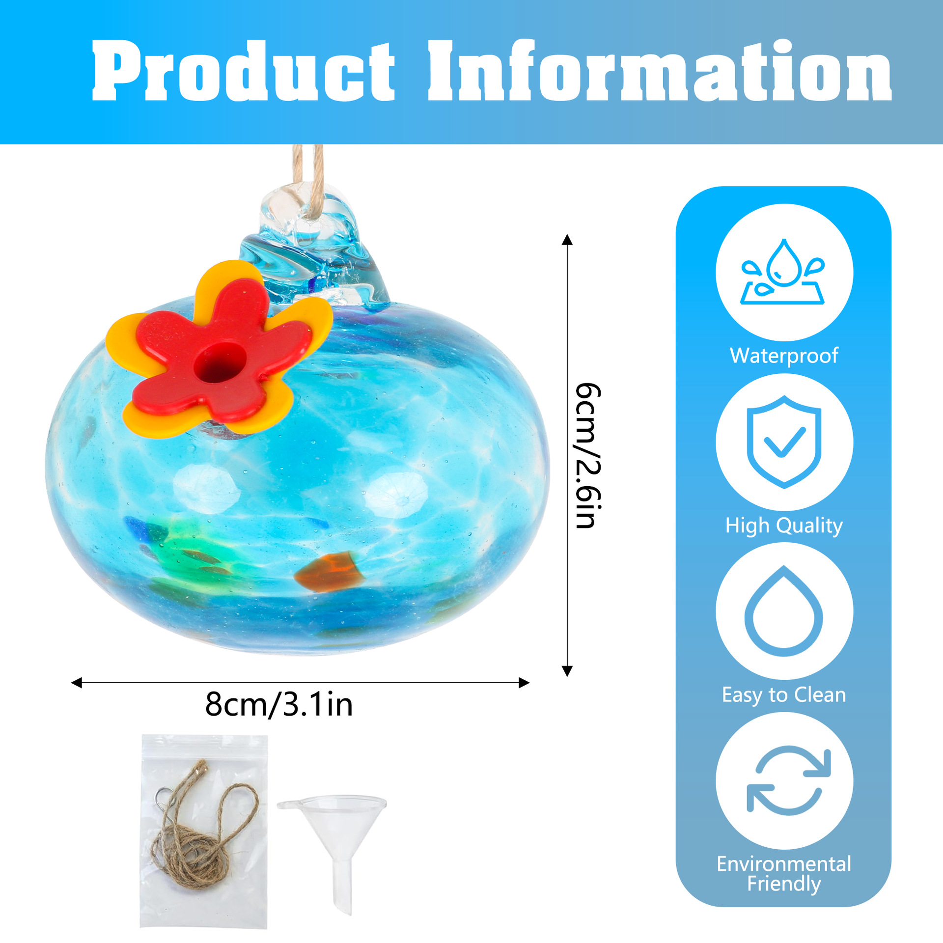 Hand Blown Glass Hummingbird Feeder for Outdoor Hanging