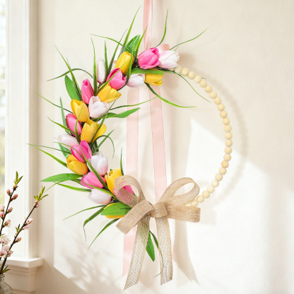 Spring Wood Bead Tulip Greenery Half Wreath with Burlap Bow