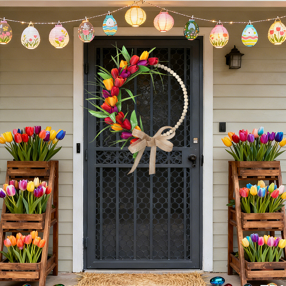 Spring Wood Bead Tulip Greenery Half Wreath with Burlap Bow
