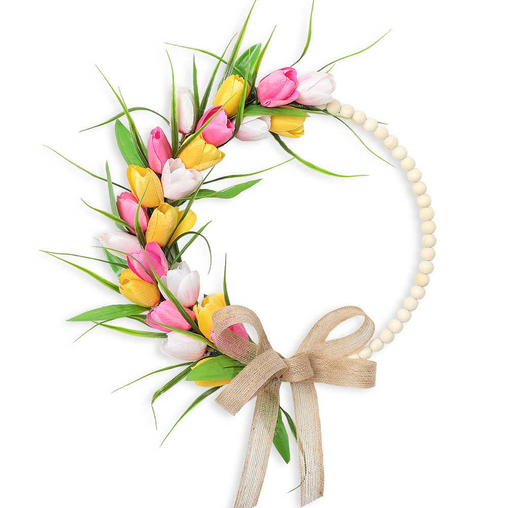 Spring Wood Bead Tulip Greenery Half Wreath with Burlap Bow