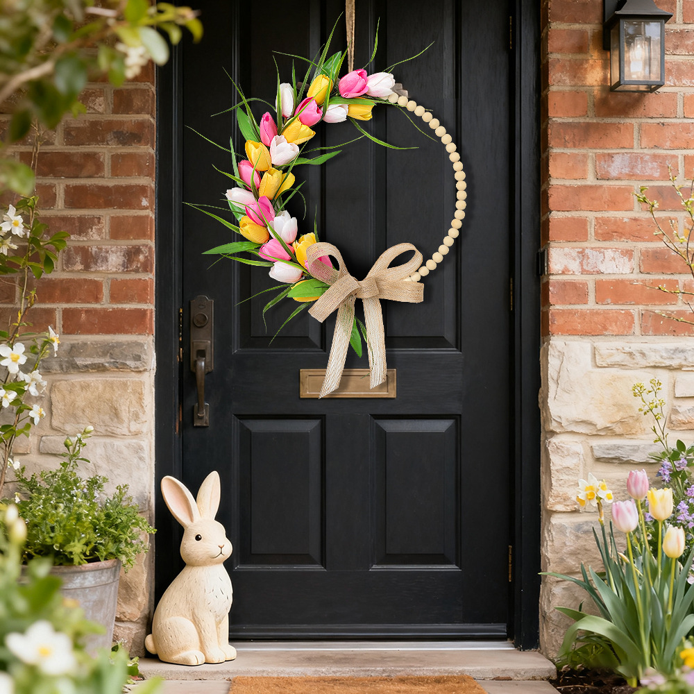 Spring Wood Bead Tulip Greenery Half Wreath with Burlap Bow