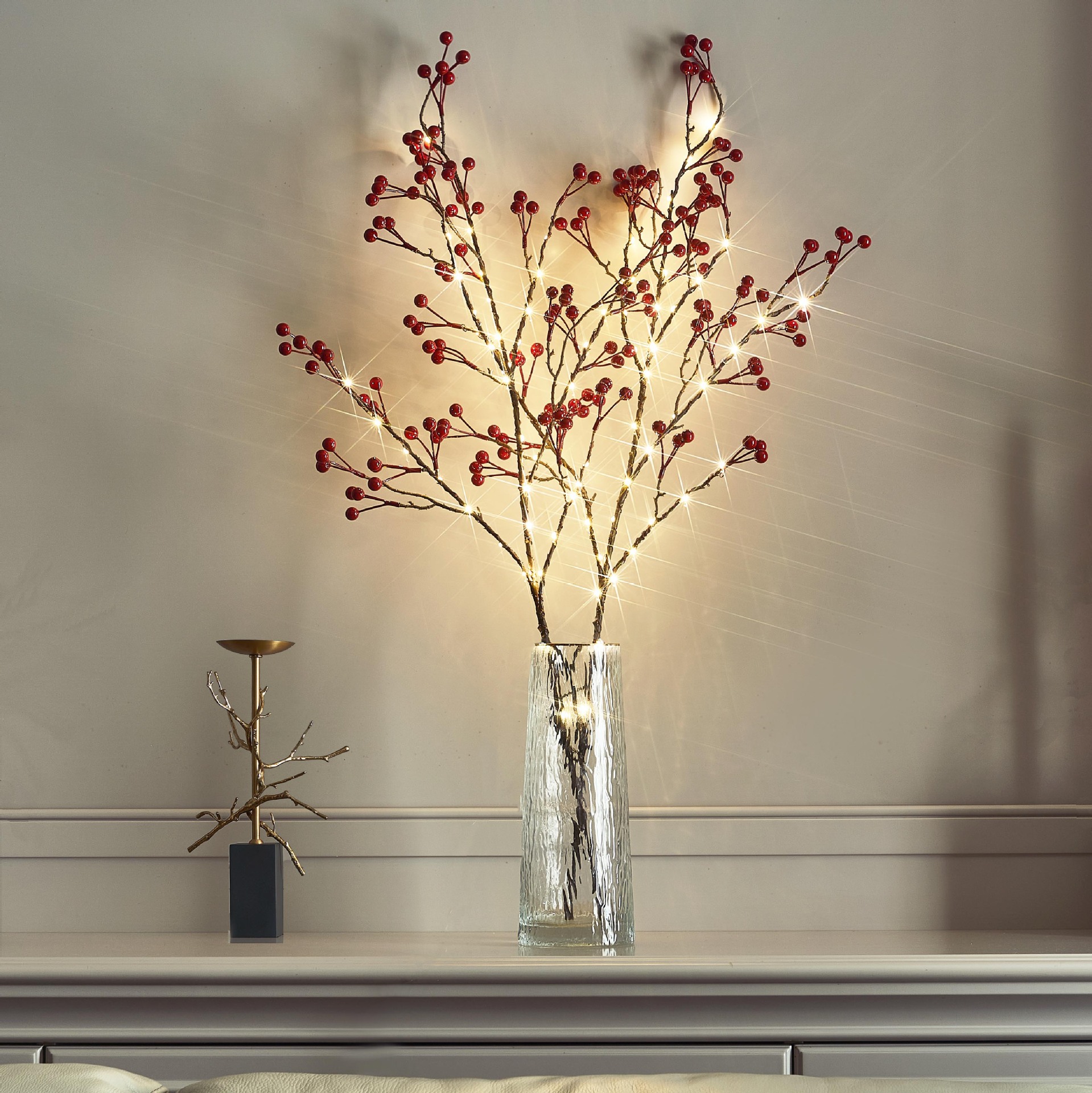  32IN Lighted Red Berry Branches 80 LED Fairy Lights with Timer