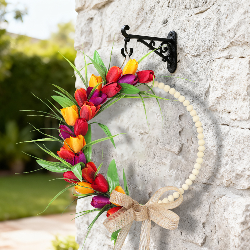 Spring Wood Bead Tulip Greenery Half Wreath with Burlap Bow