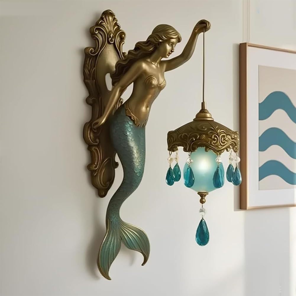 Vintage Bronze Mermaid Wall Lamp with Crystal Droplets