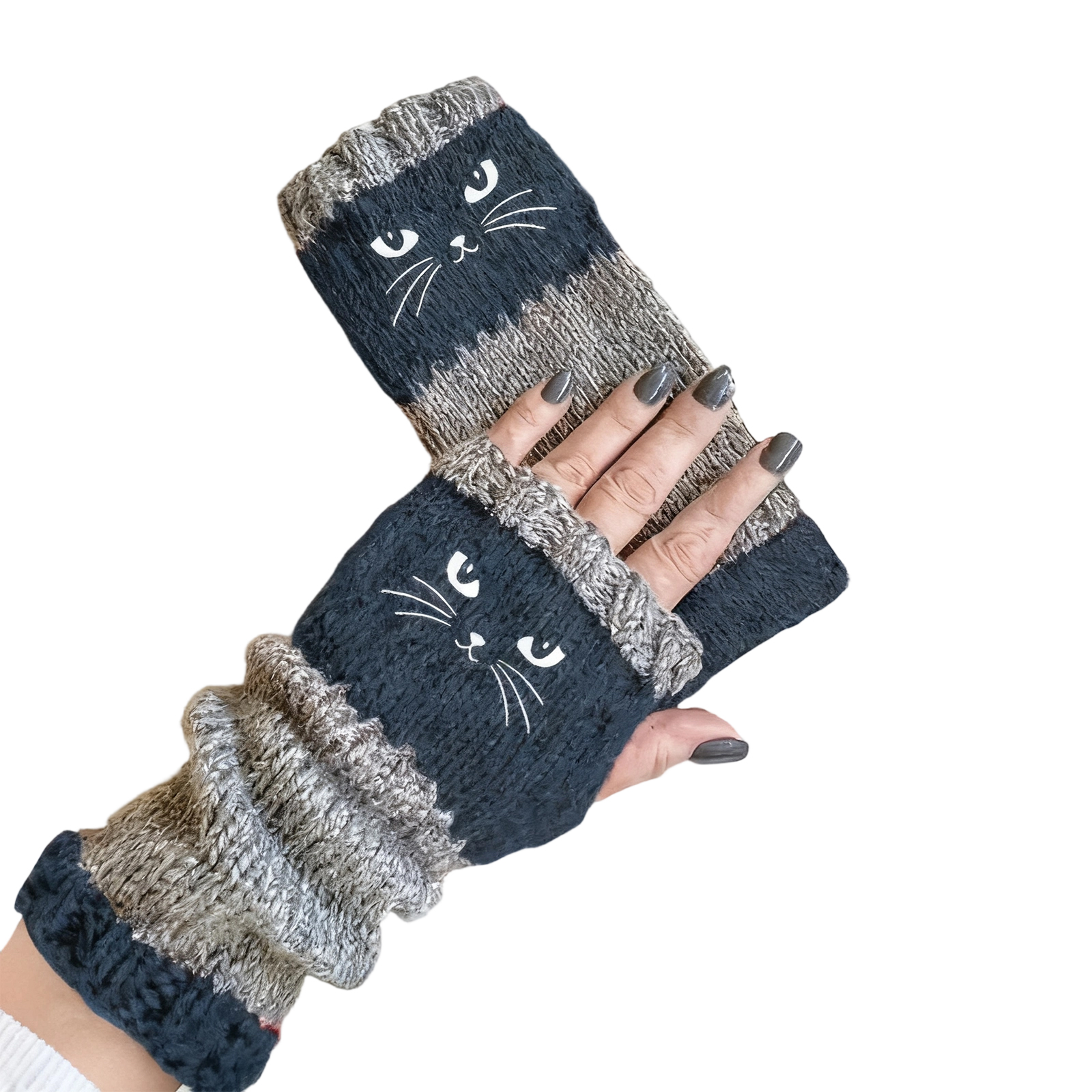 Cute Cat Face Winter Warm Fingerless Gloves