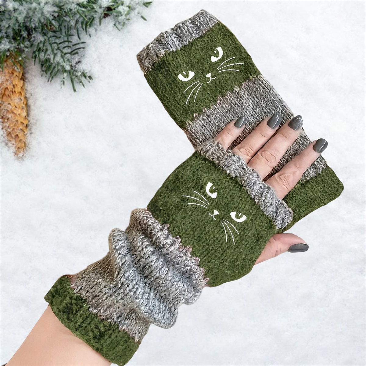 Cute Cat Face Winter Warm Fingerless Gloves