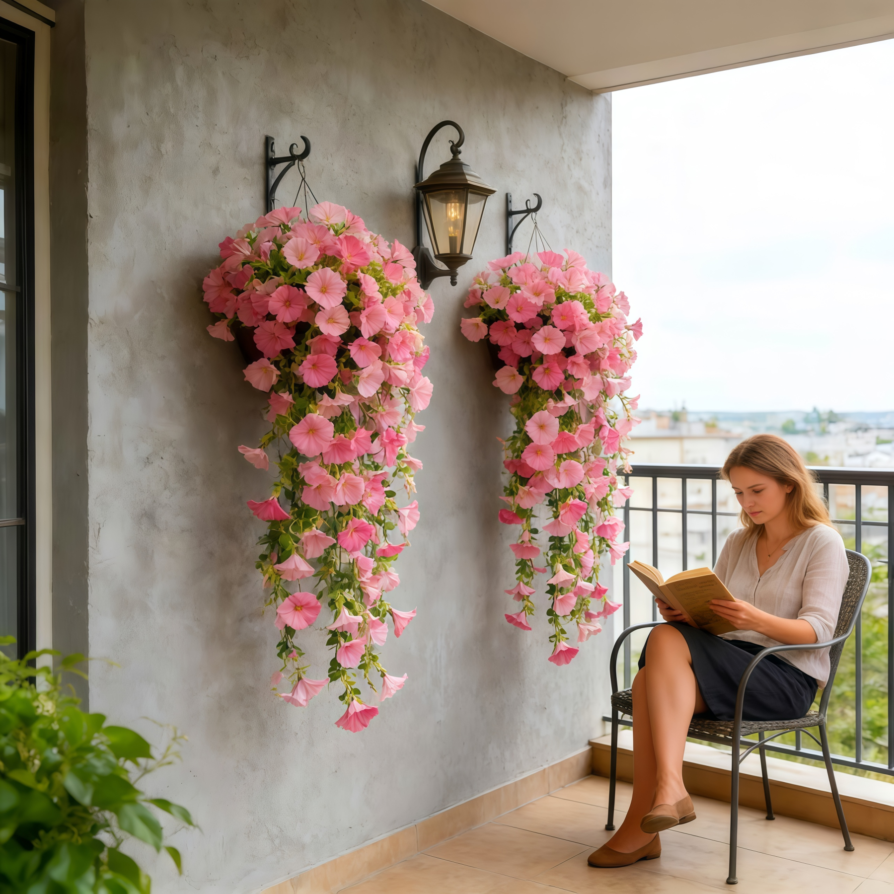Artificial Hanging Morning Glory Flowers with Greenery, UV Resistant