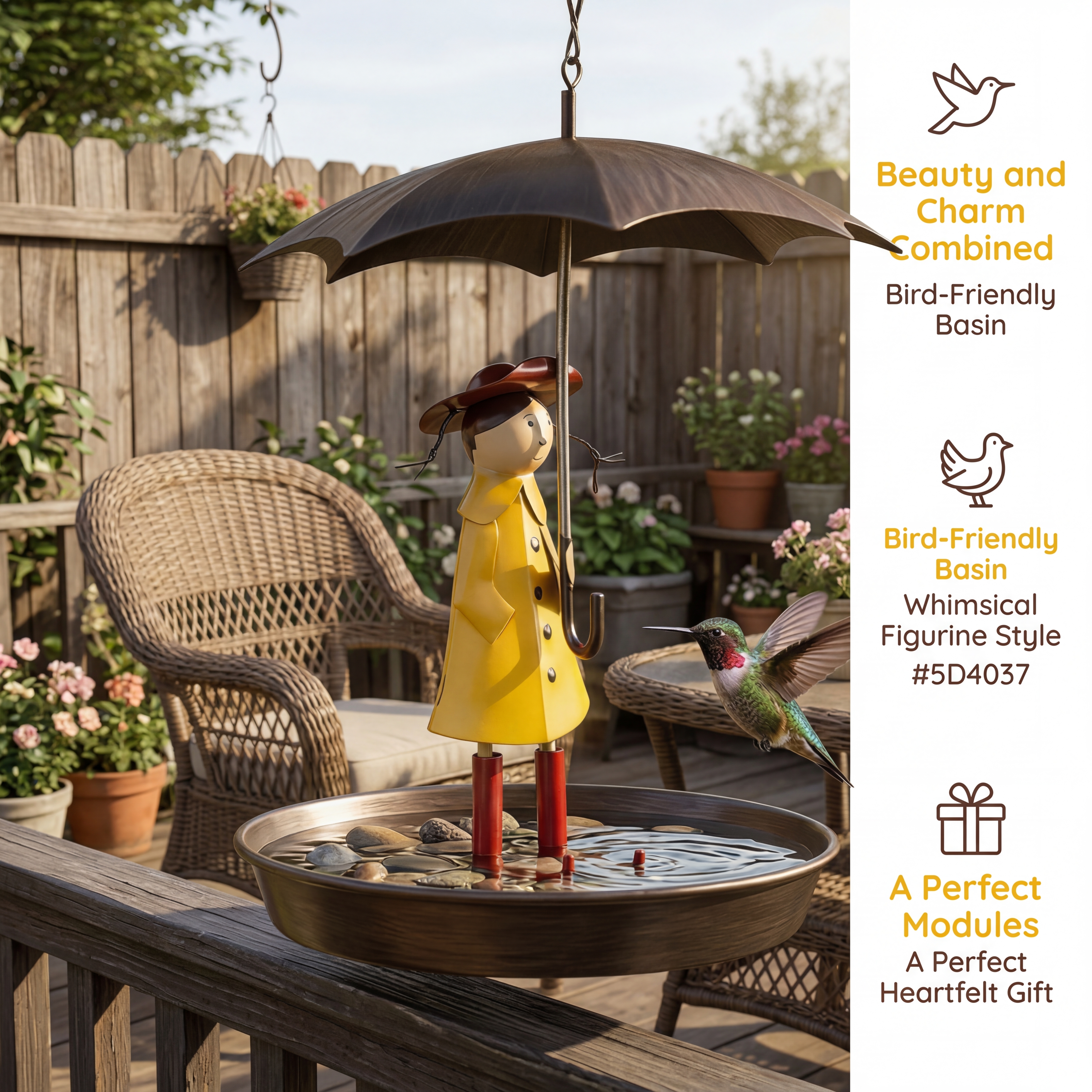 Whimsical Raincoat Girl Hanging Bird Feeder & Bird Bath