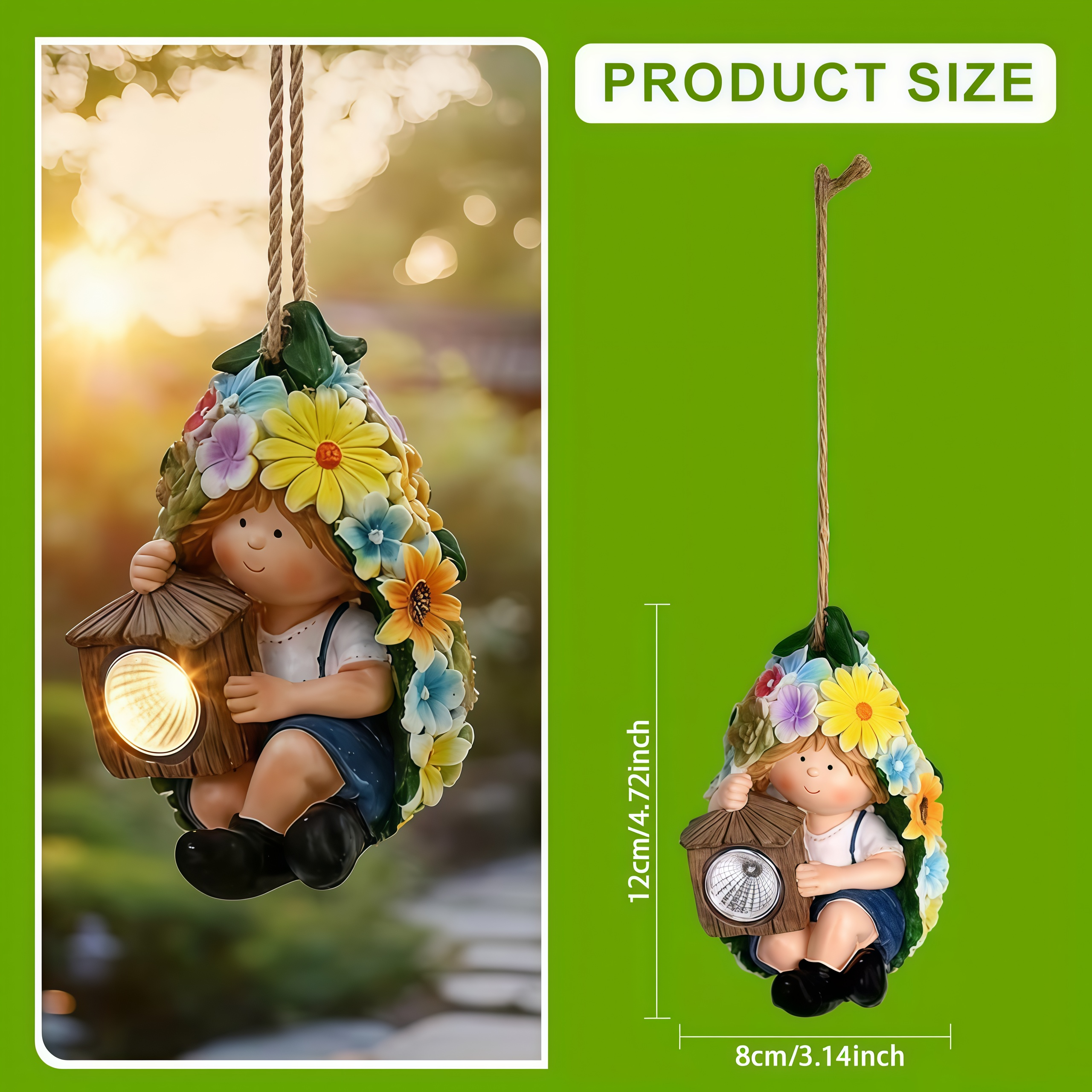 Cute Little Girl & Gnome Figurine Solar Hanging Resin Pendant Garden Lights