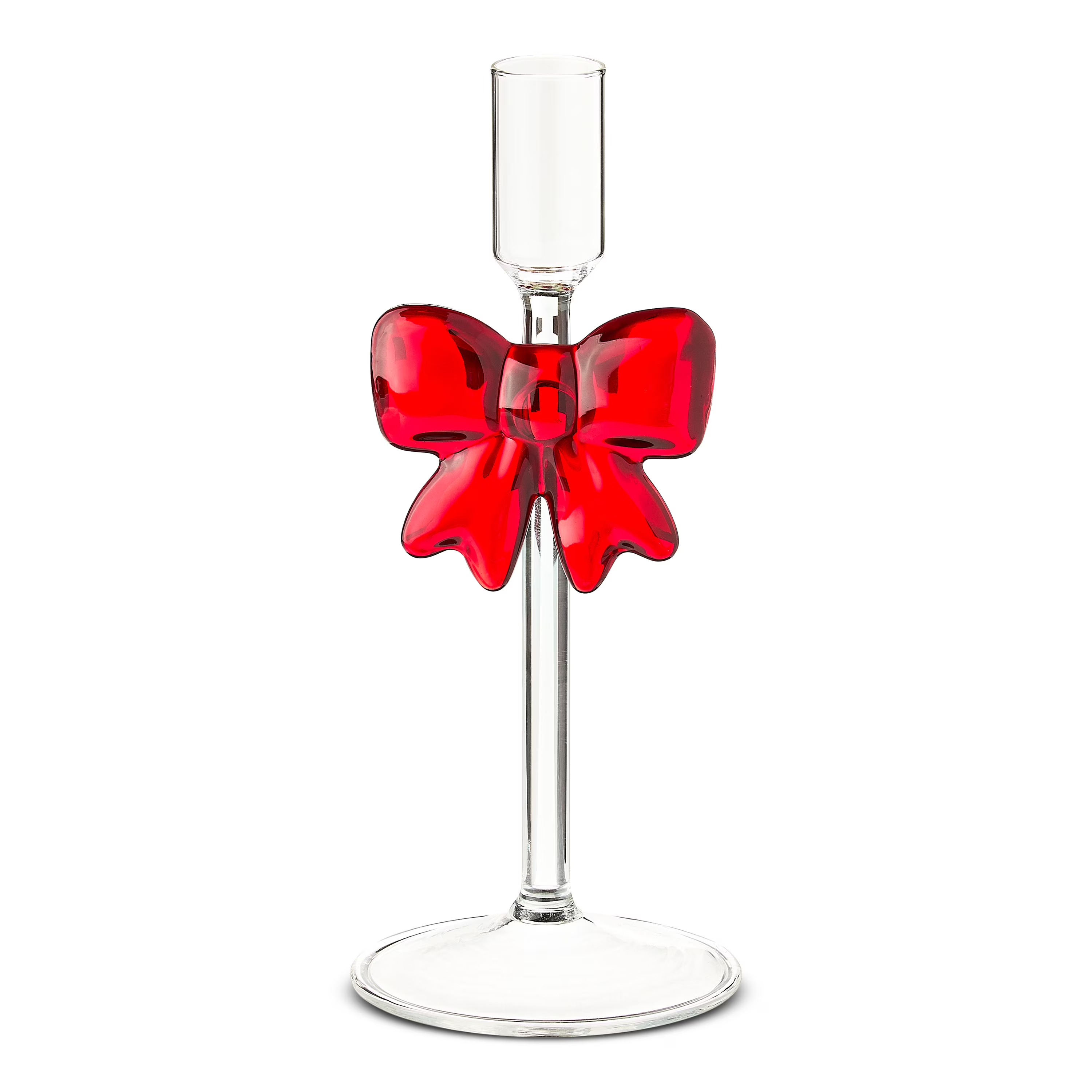 Clear Glass Christmas Taper Candle Holder with Bow