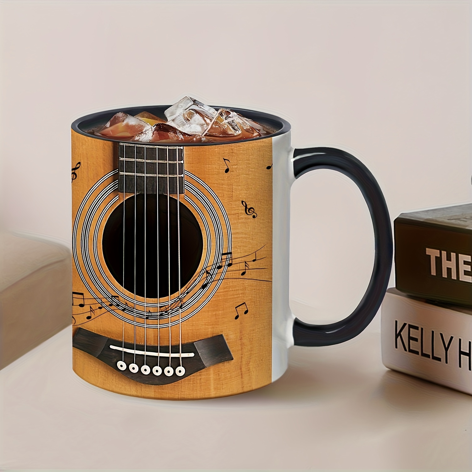 11oz Ceramic Guitar Coffee Mug with Music Notes & Artistic Accents