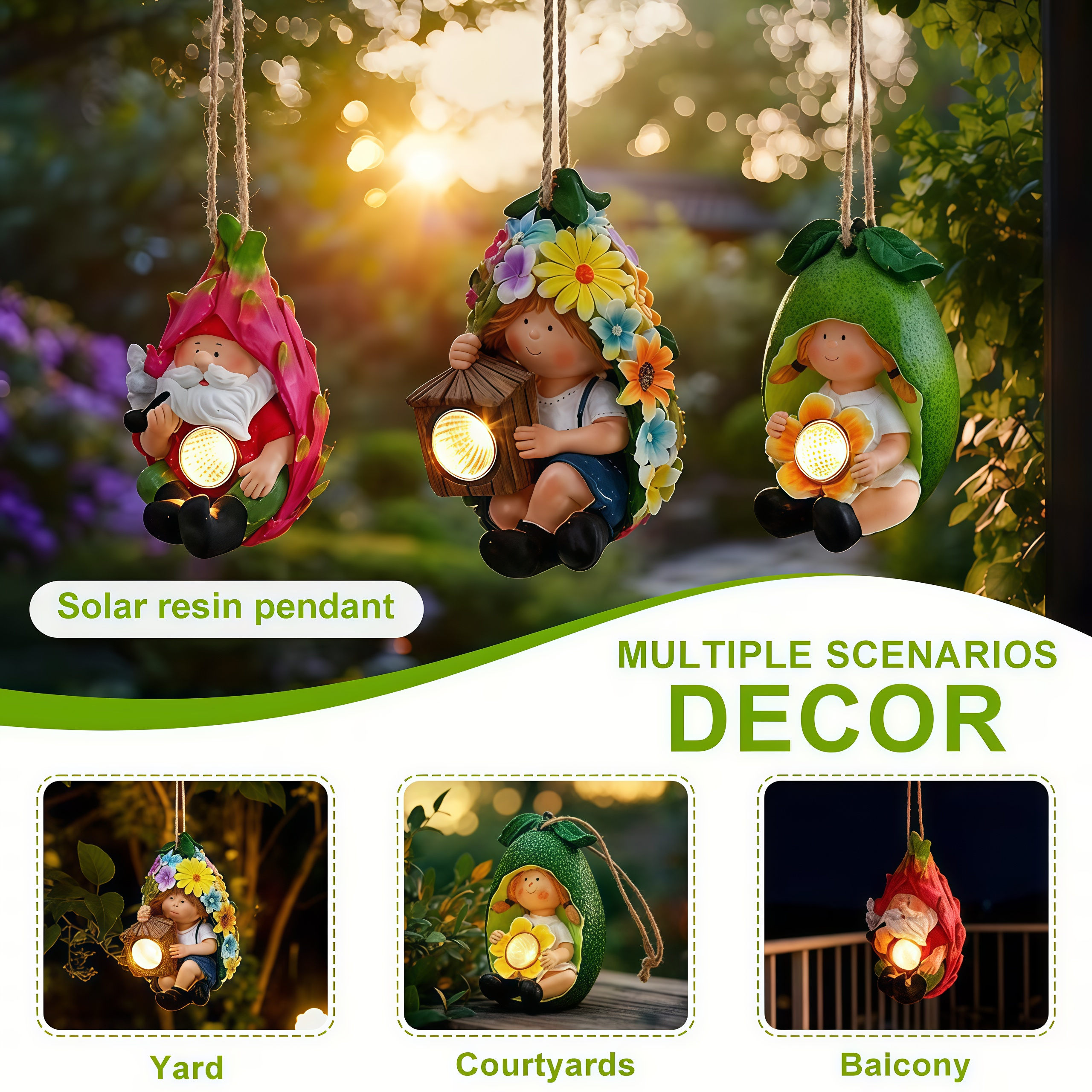 Cute Little Girl & Gnome Figurine Solar Hanging Resin Pendant Garden Lights