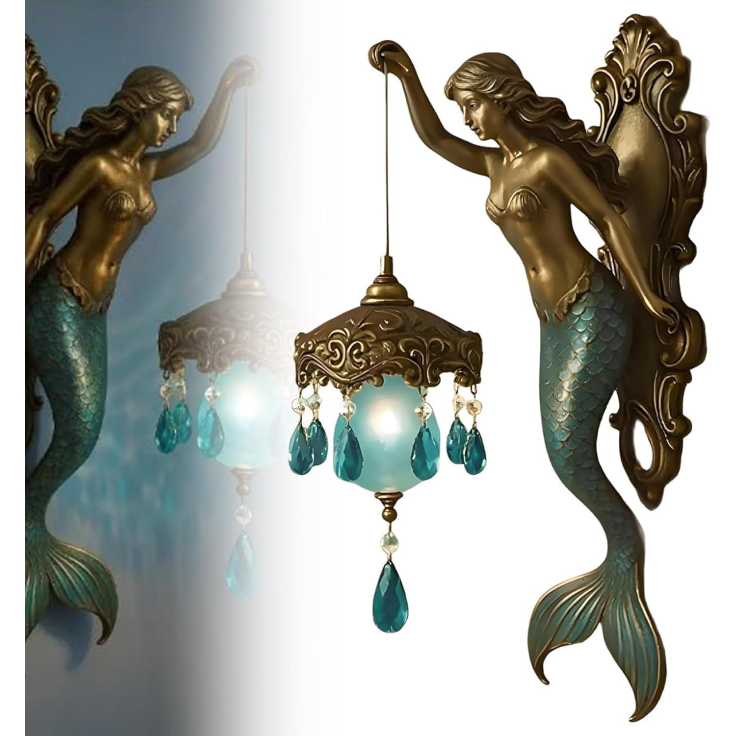 Vintage Bronze Mermaid Wall Lamp with Crystal Droplets