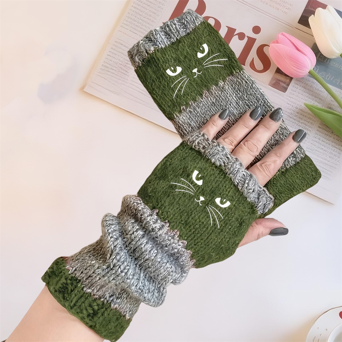 Cute Cat Face Winter Warm Fingerless Gloves