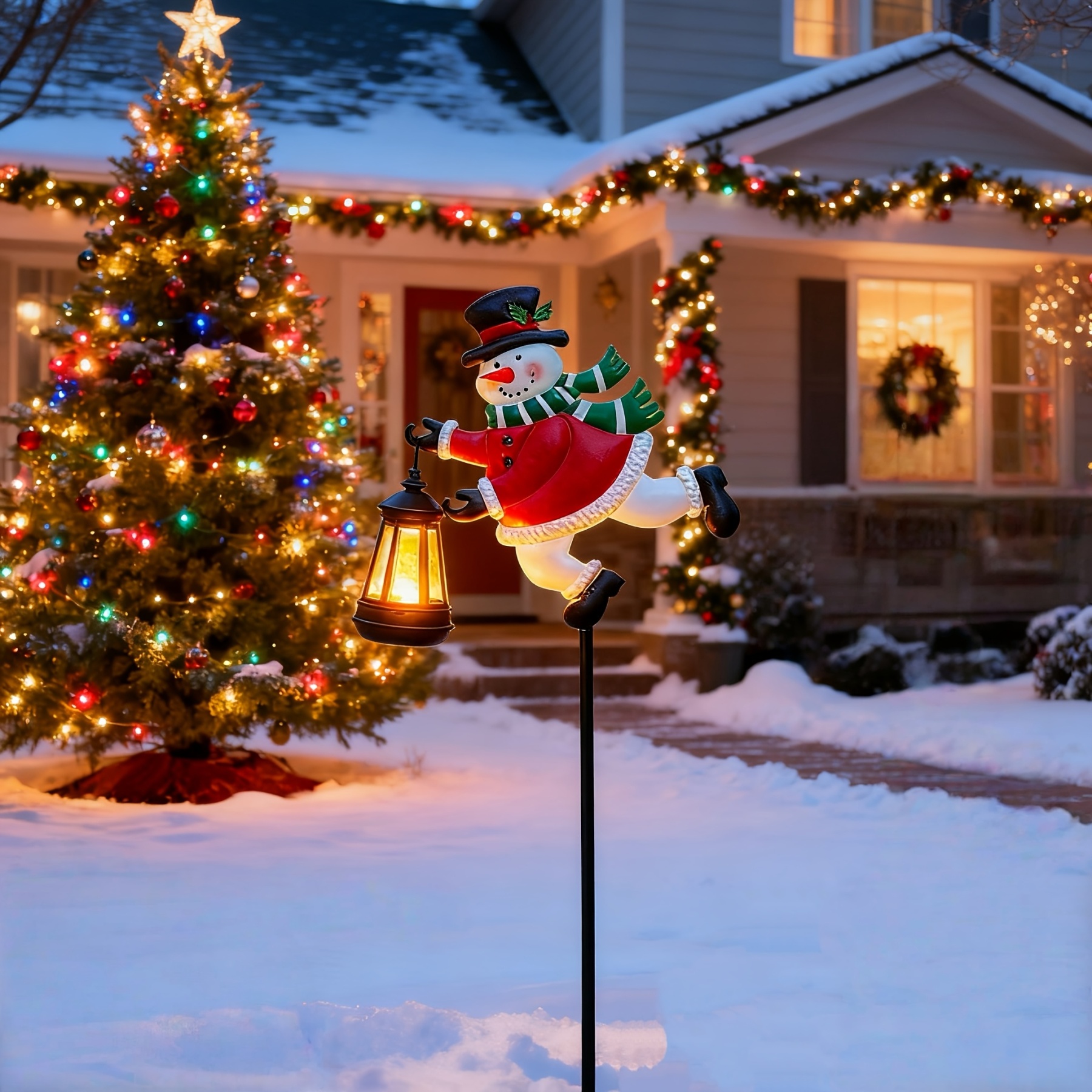 Snowman Pathway Lantern Lights, Outdoor Garden Stakes Christmas Decor