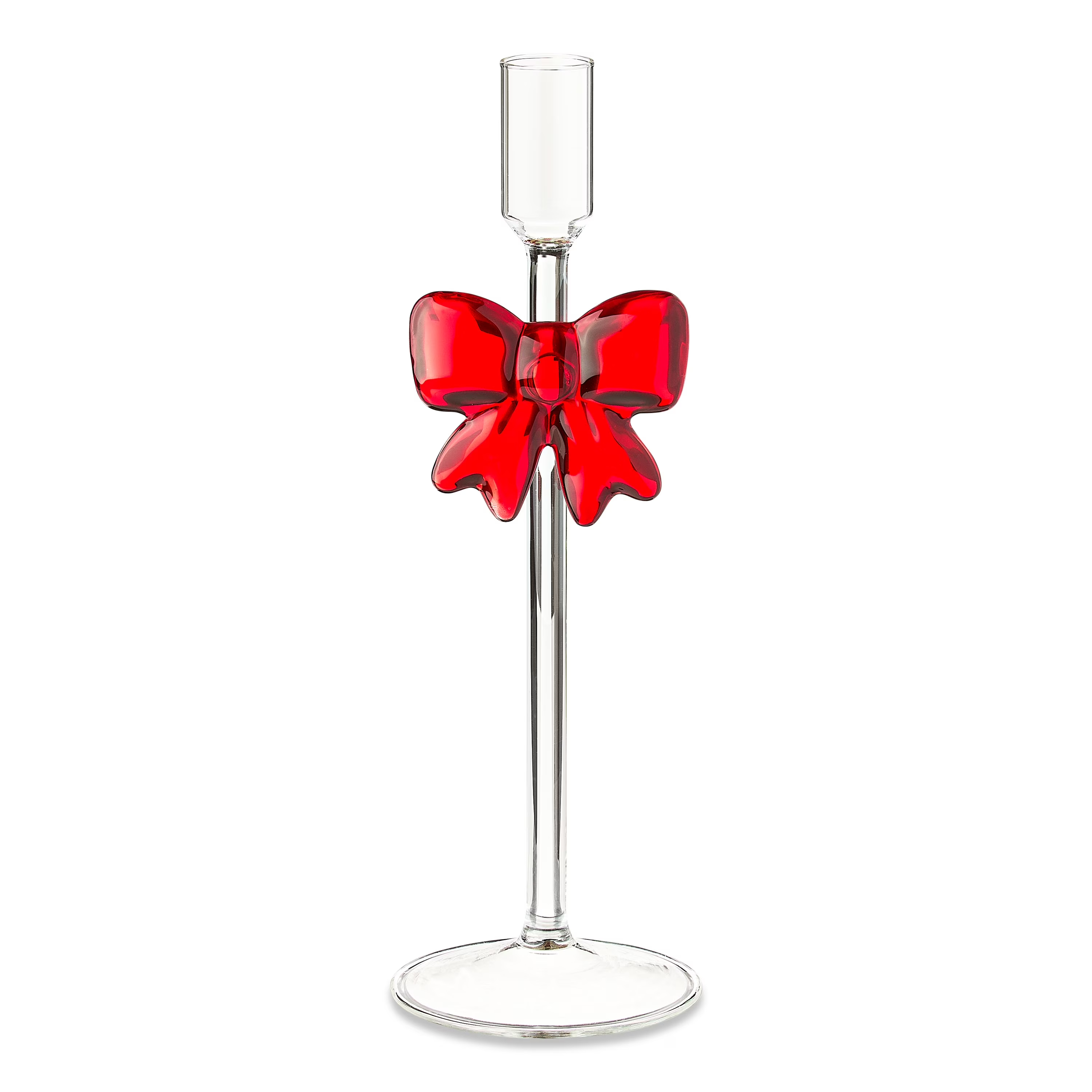 Clear Glass Christmas Taper Candle Holder with Bow