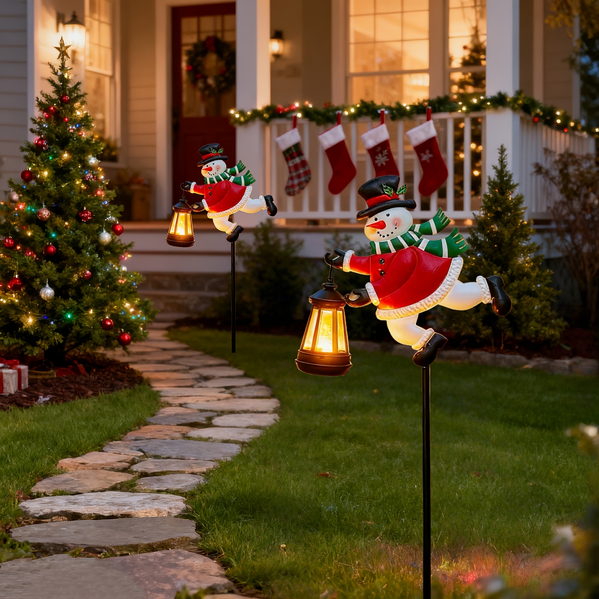 Snowman Pathway Lantern Lights, Outdoor Garden Stakes Christmas Decor