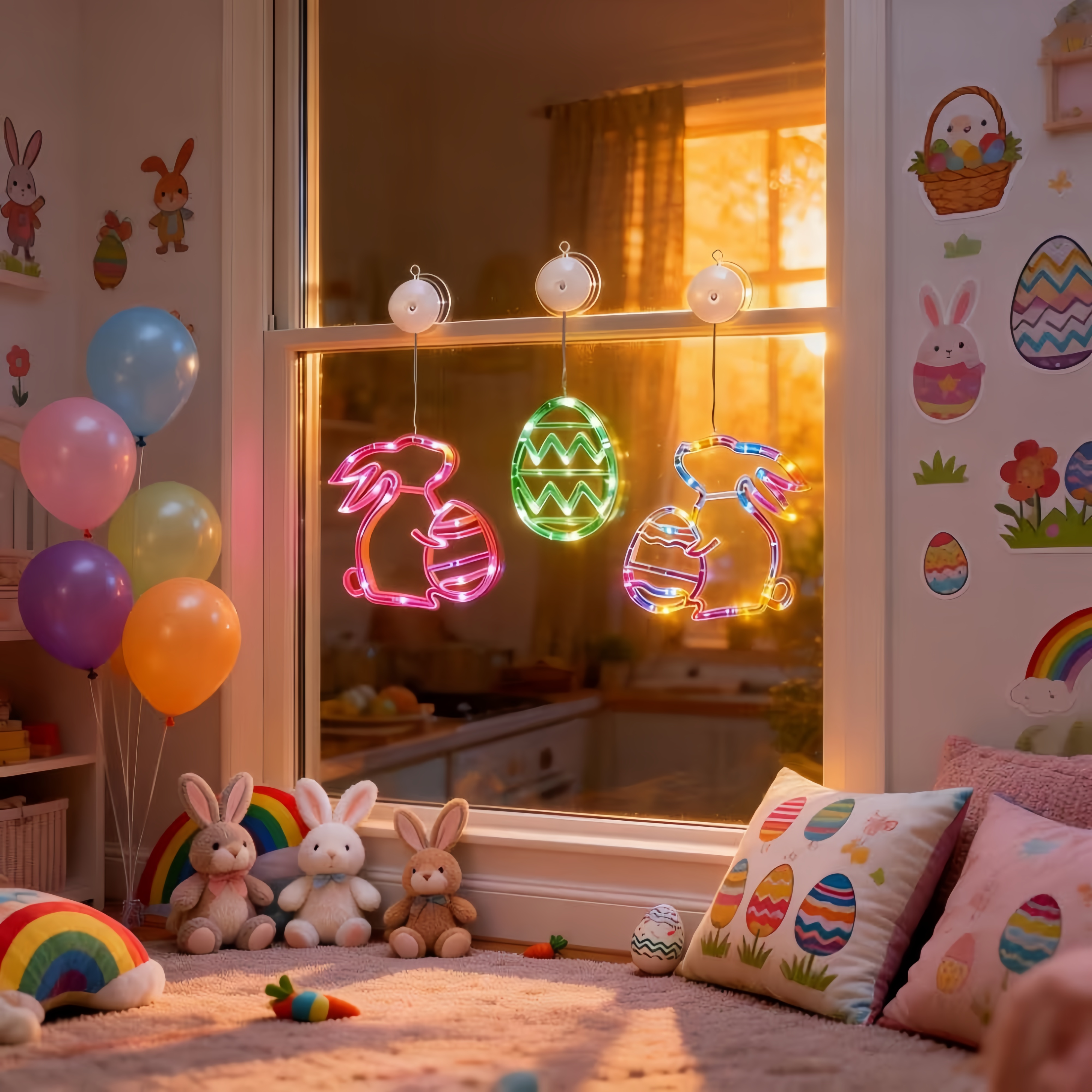Bunny and Egg LED Window Hanging Lights with Suction Cups