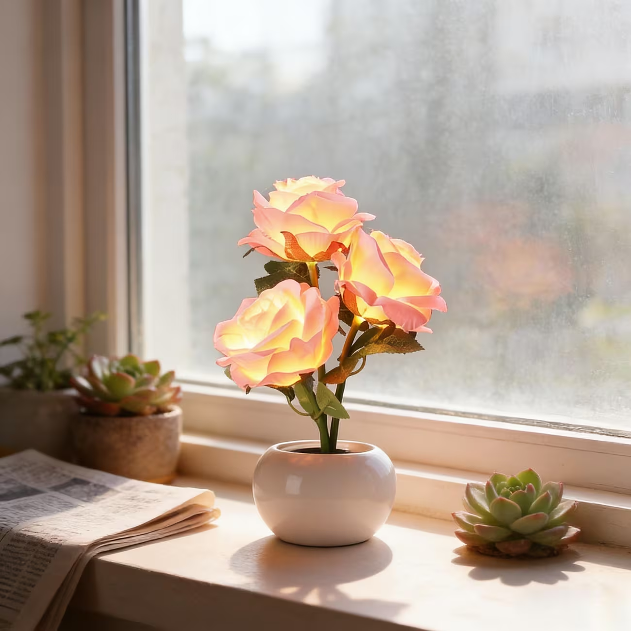 LED Pink Rose Flower Tabletop Night Light