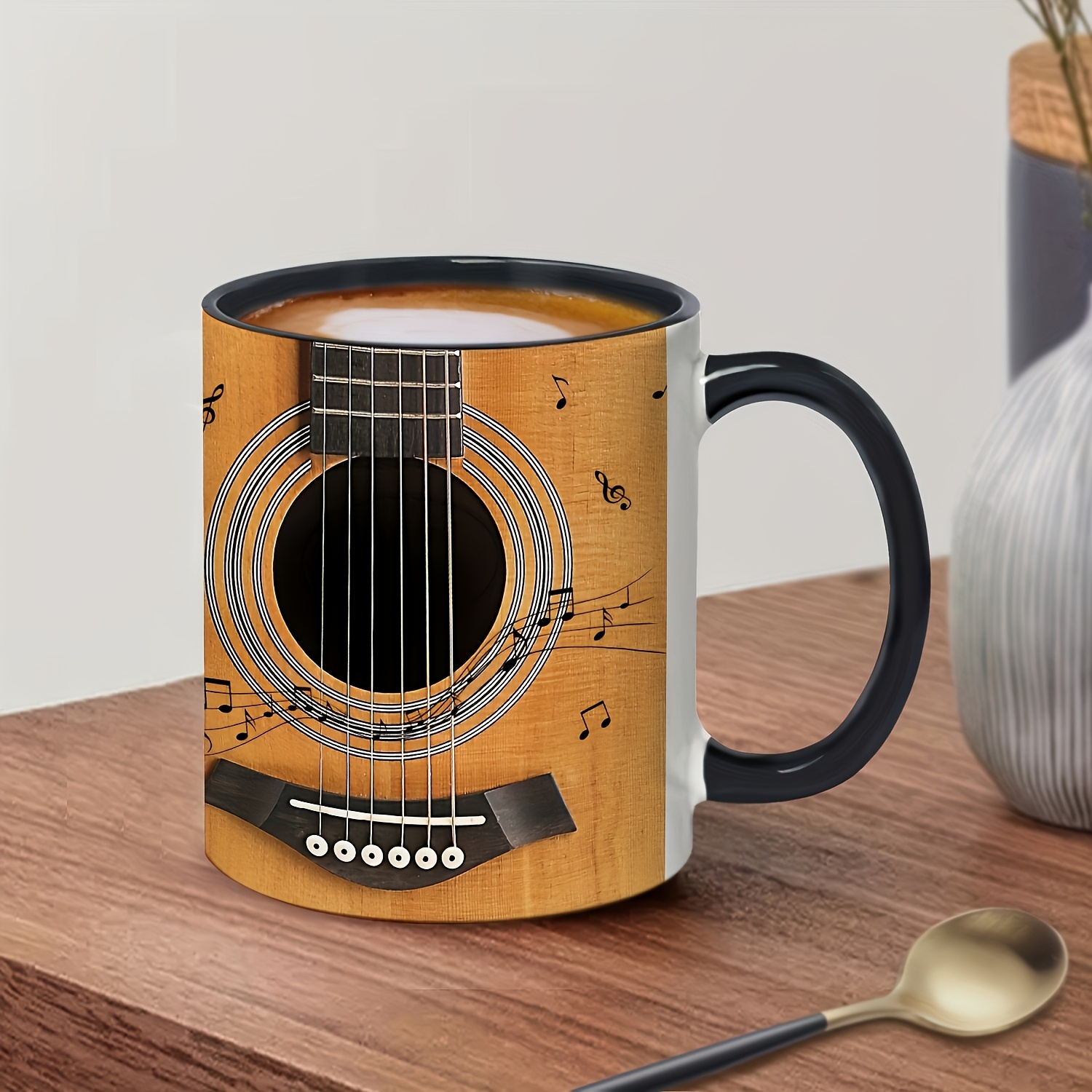 11oz Ceramic Guitar Coffee Mug with Music Notes & Artistic Accents