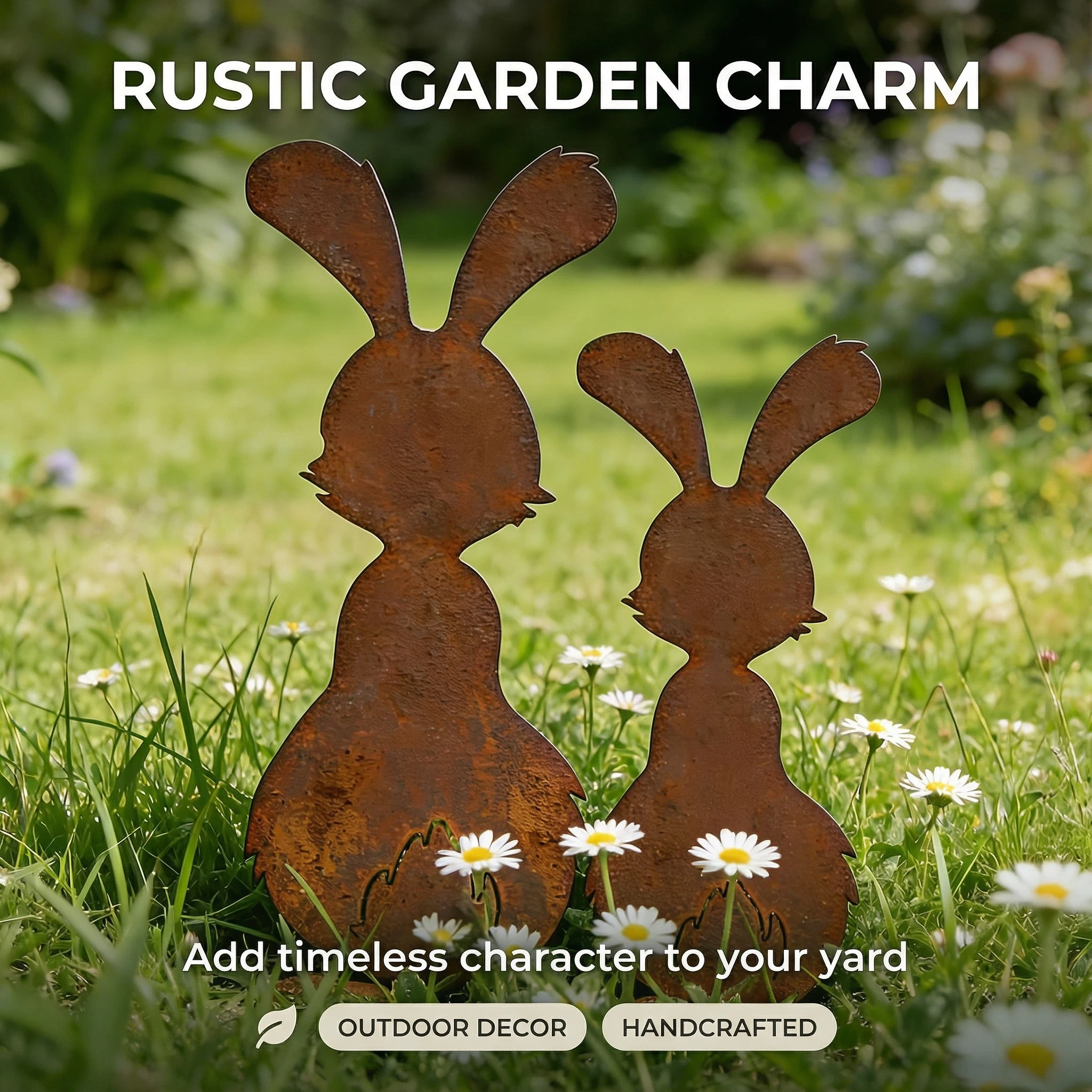 Set of 2 Rustic Metal Bunny Garden Stakes